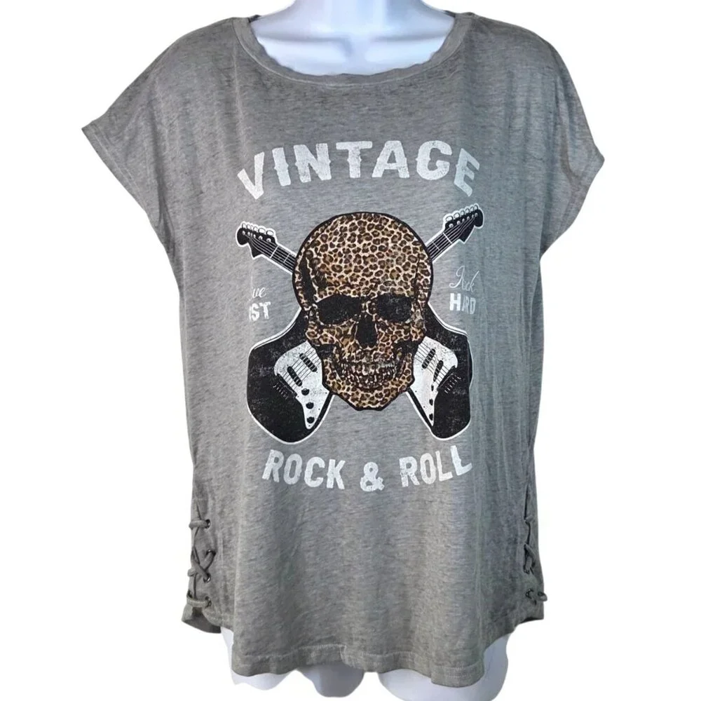 Wild Kiss Gray Vintage Rock & Roll Leopard Skull Graphic Tee Lace-Up Side Med - Picture 1 of 7